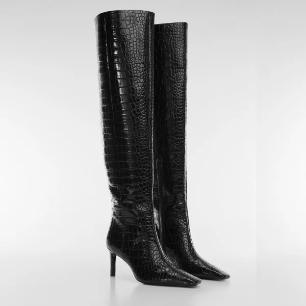 Black Croc-Effect Based Stiletto Boots - Imagen 2